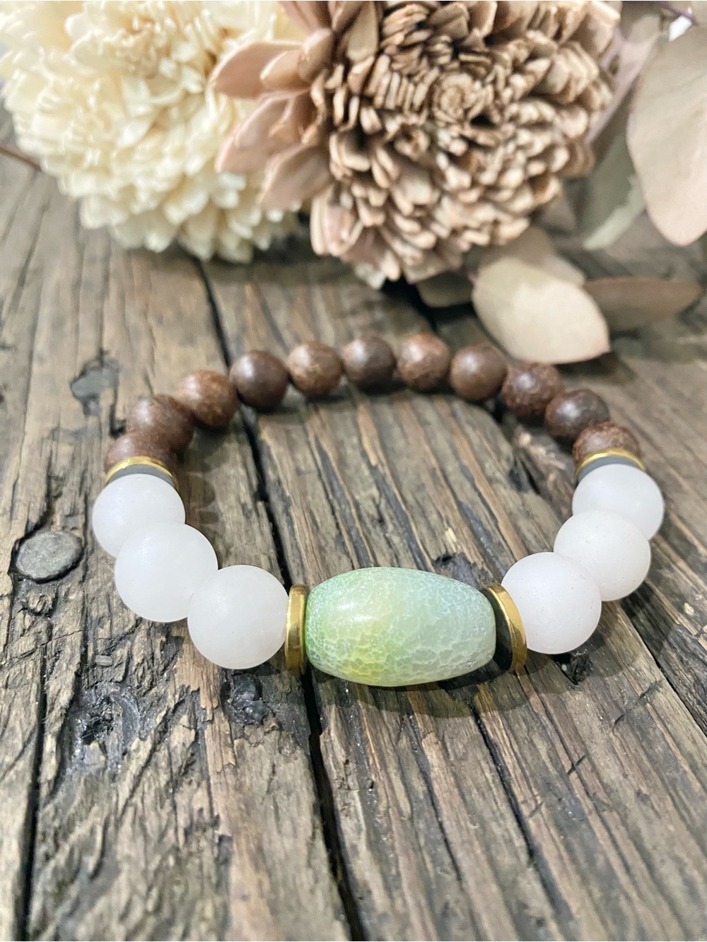 Sandalwood and Quartz Bead Stretch Bracelet, Gold & Green Glass Accents